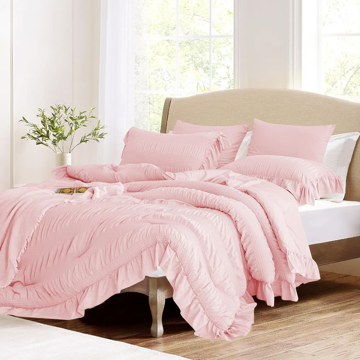 ALEISSEL Blush Pink Seersucker Comforter Twin ONLY $46.99 at Amazon