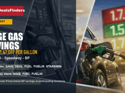 DealsFinders gas savings collage showing up to $1.47 off per gallon at 7-Eleven, Speedway and BP