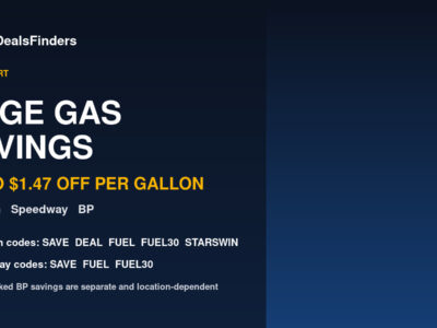 DealsFinders gas savings collage showing up to 1.47 dollars off per gallon at 7-Eleven, Speedway and BP