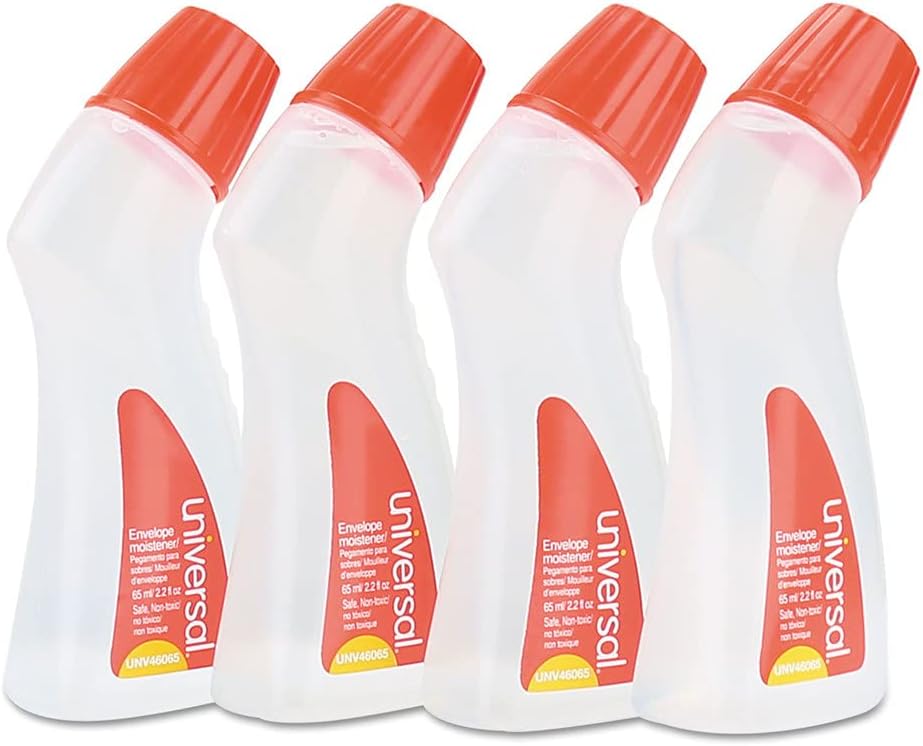 Universal 46065VP Envelope Moistener with Adhesive, 2.2 oz Bottle, Clear, 4/Pack