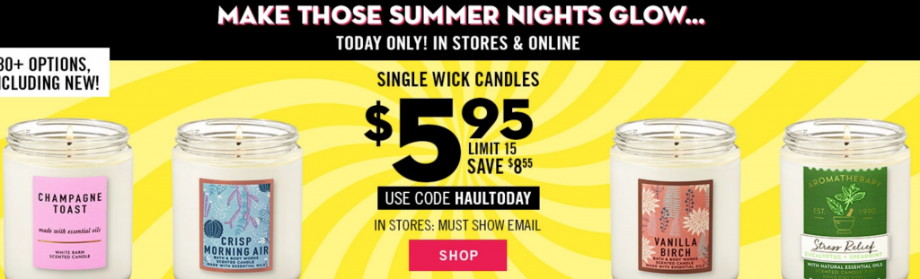 Bath & Body Works Single Wick Candles $5.95 (Today Only)
