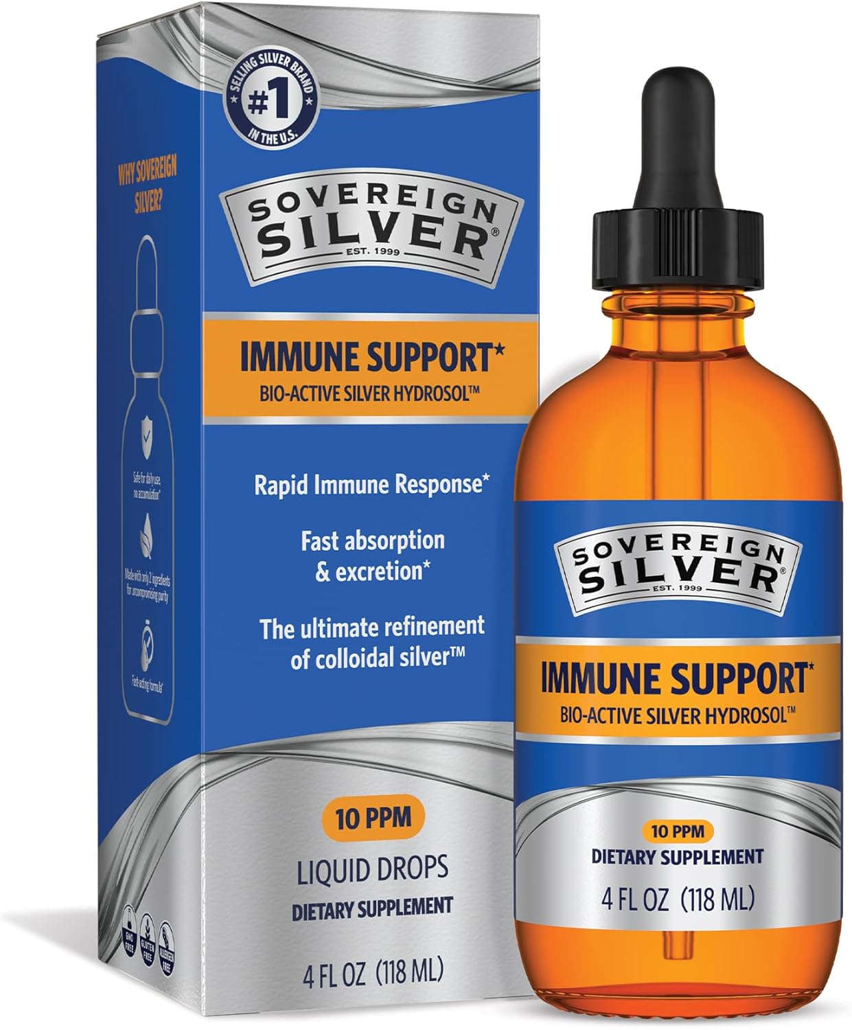 Sovereign Silver Immune Support - Colloidal Silver, Bio-Active Silver Hydrosol, 
