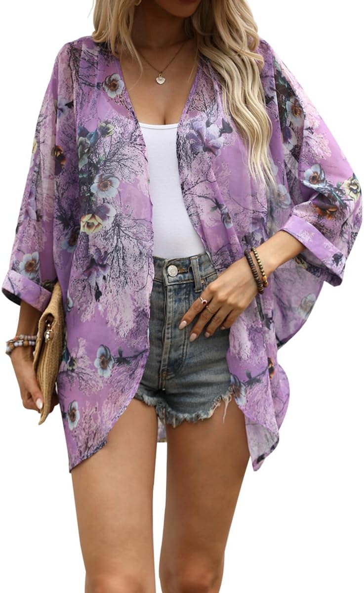 olrain Women's Floral Print Sheer Chiffon 3/4 Bat Sleeve Casual Loose Kimono Car