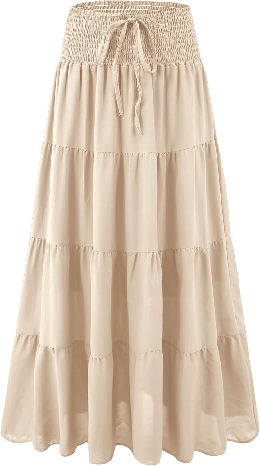 MJBGSHOW Womens Ruffle Maxi Skirts:High-Waist Elastic Pleated Lon