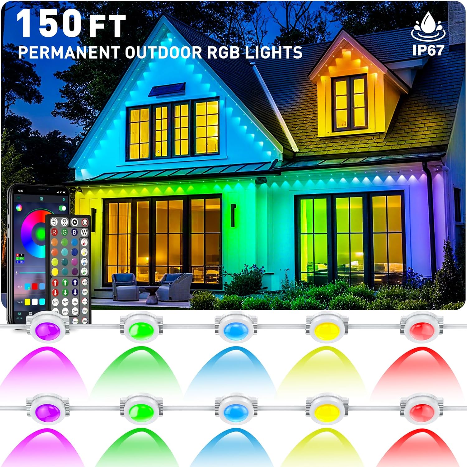 150FT Permanent Outdoor RGB Lights - Waterproof Smart LED Ea deal at Amazon