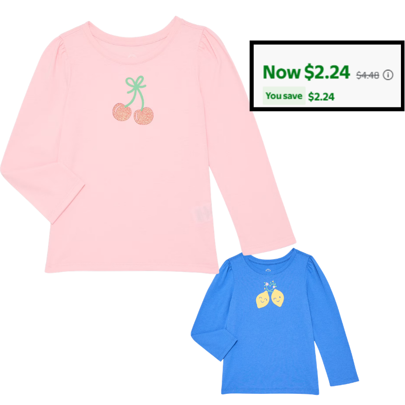 Toddler Girls Crewneck Tee with Long Sleeves, Sizes 18M-5T for $2.24