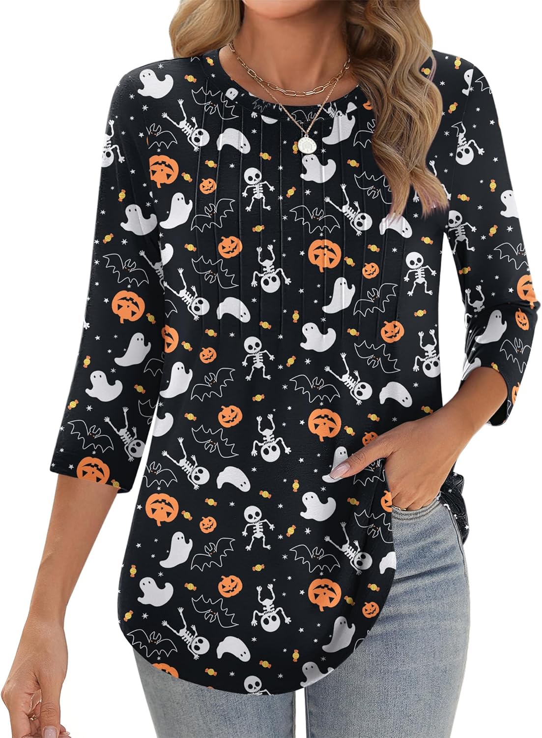 Zeagoo Tops for Women 3/4 Sleeve Tunic Pleated Crew Neck Fal deal at Amazon