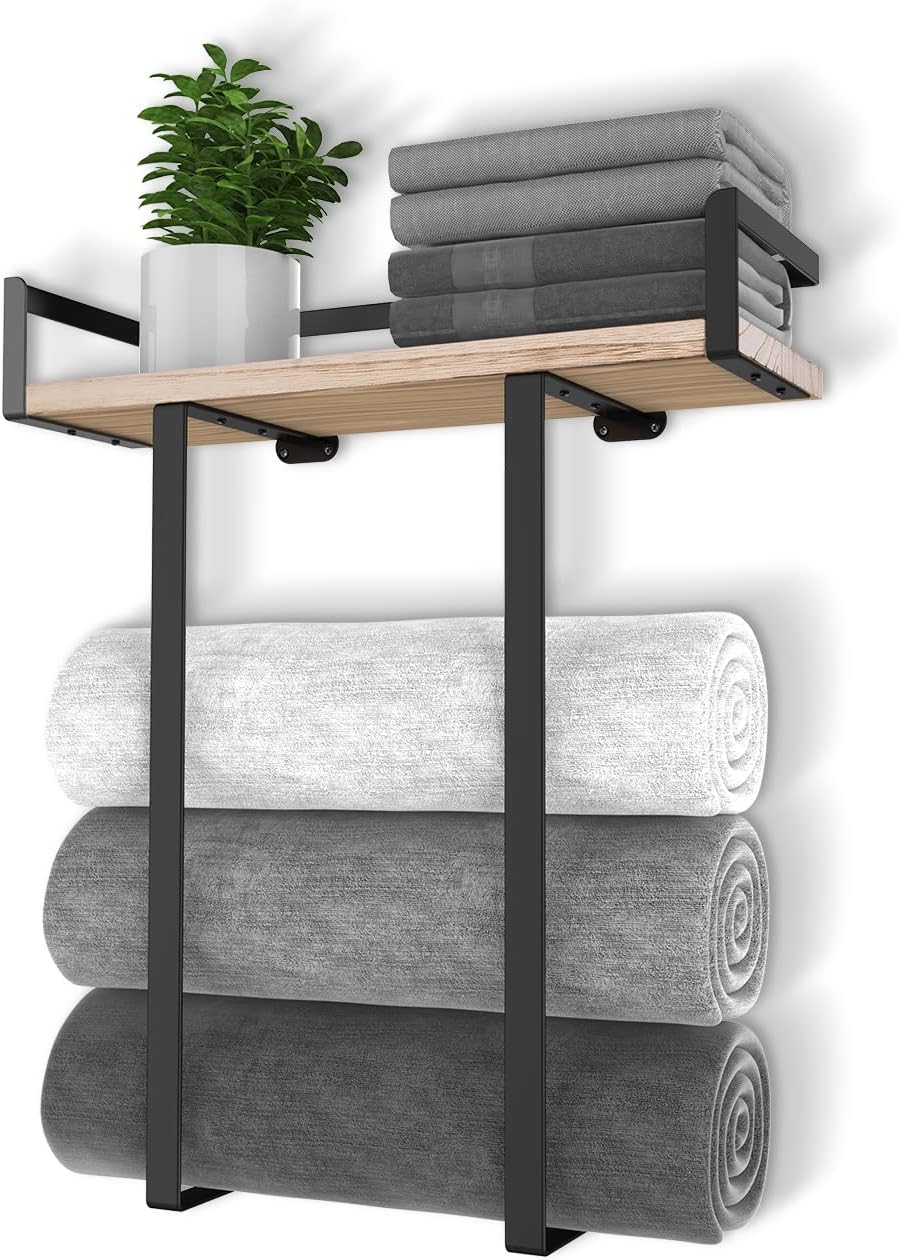Metal Towel Holder with Wooden Shelf