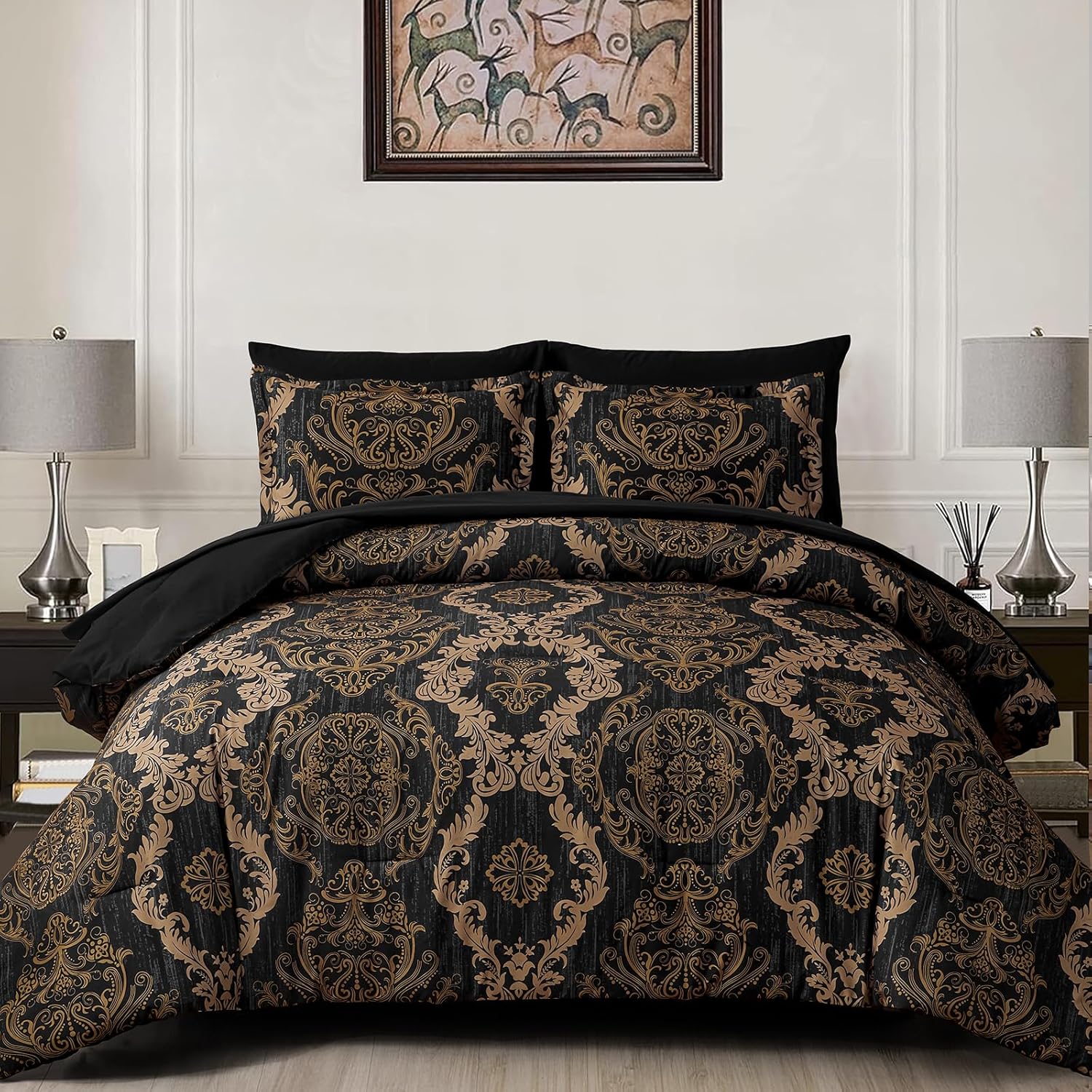WONGS BEDDING Black Comforter Set Queen Size, Gold Damask Te deal at Amazon