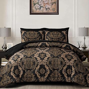WONGS BEDDING Black Comforter Set Queen Size, Gold Damask Texture