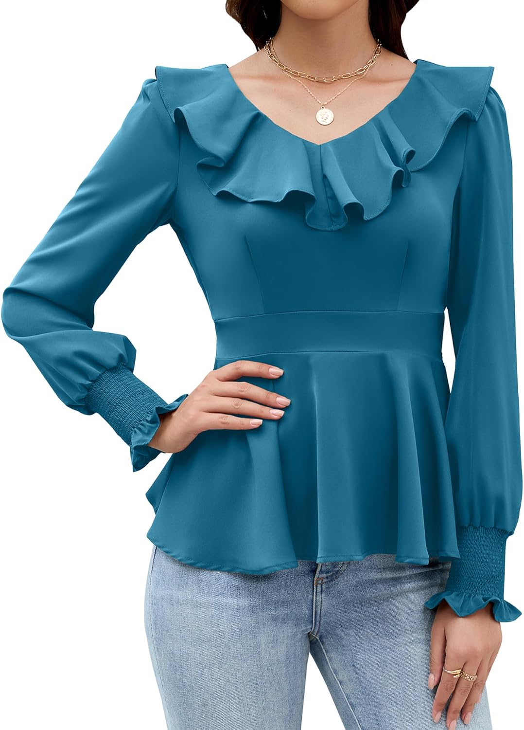 VIAURBE Womens Dressy Casual Blouses Long Sleeve V Neck Ruffle To