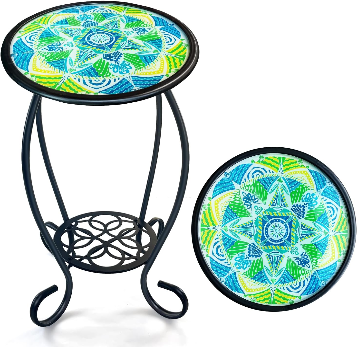 HONGLAND Mosaic Outdoor Side Table, 14″ Round Patio Side Table, M