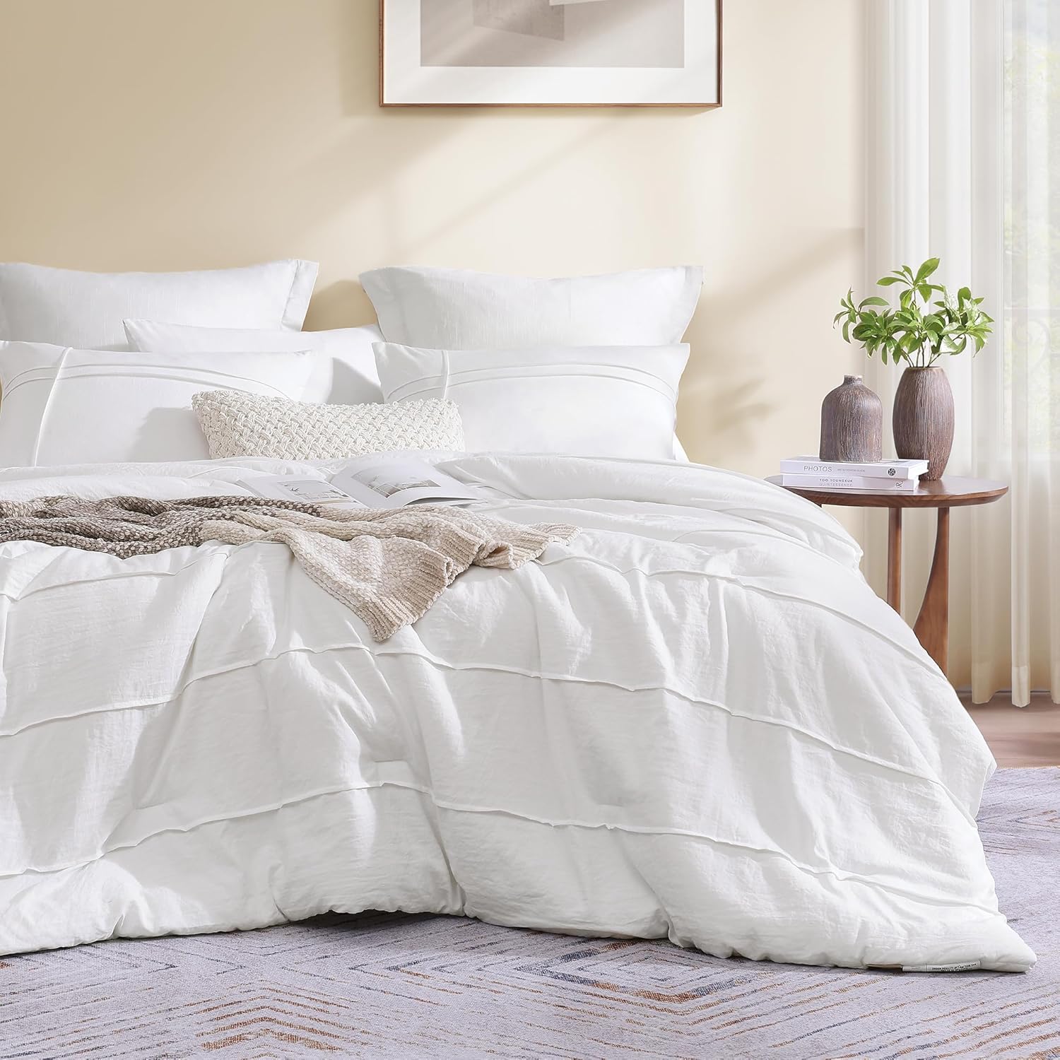 AMBERSPACE Boho King Size Comforter Set, White Pinch Pleat King S