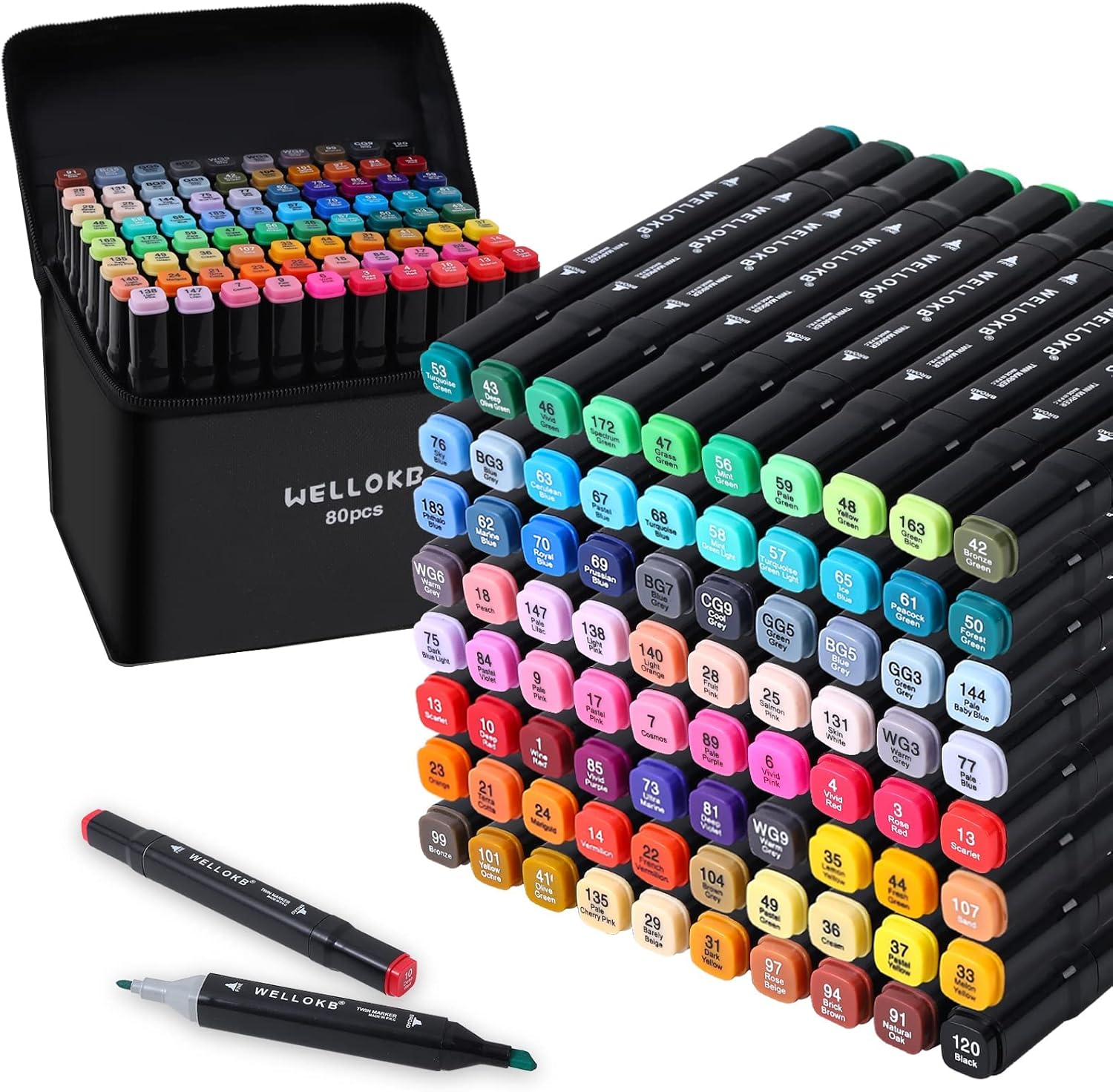 WELLOKB Alcohol Based Marker with Case, 80 Colors Dual Brush Tip