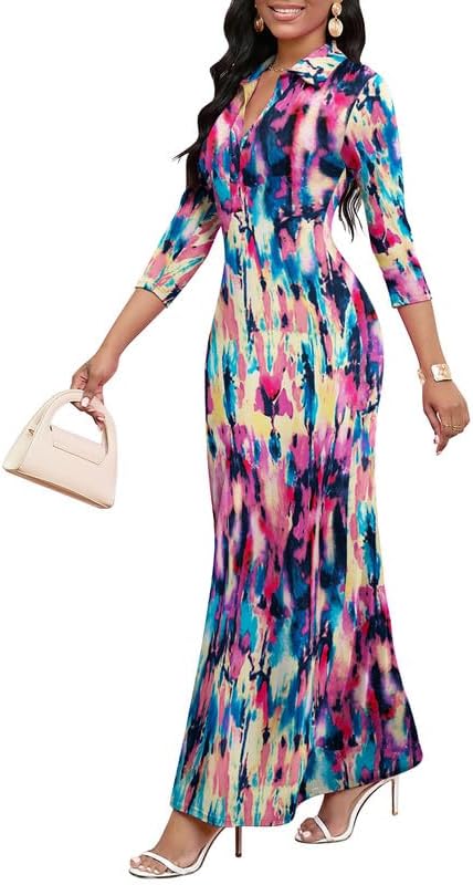 MarryUP Women's Print Bodycon Maxi Dress Shirt Collar 3/4 Sl deal at Amazon