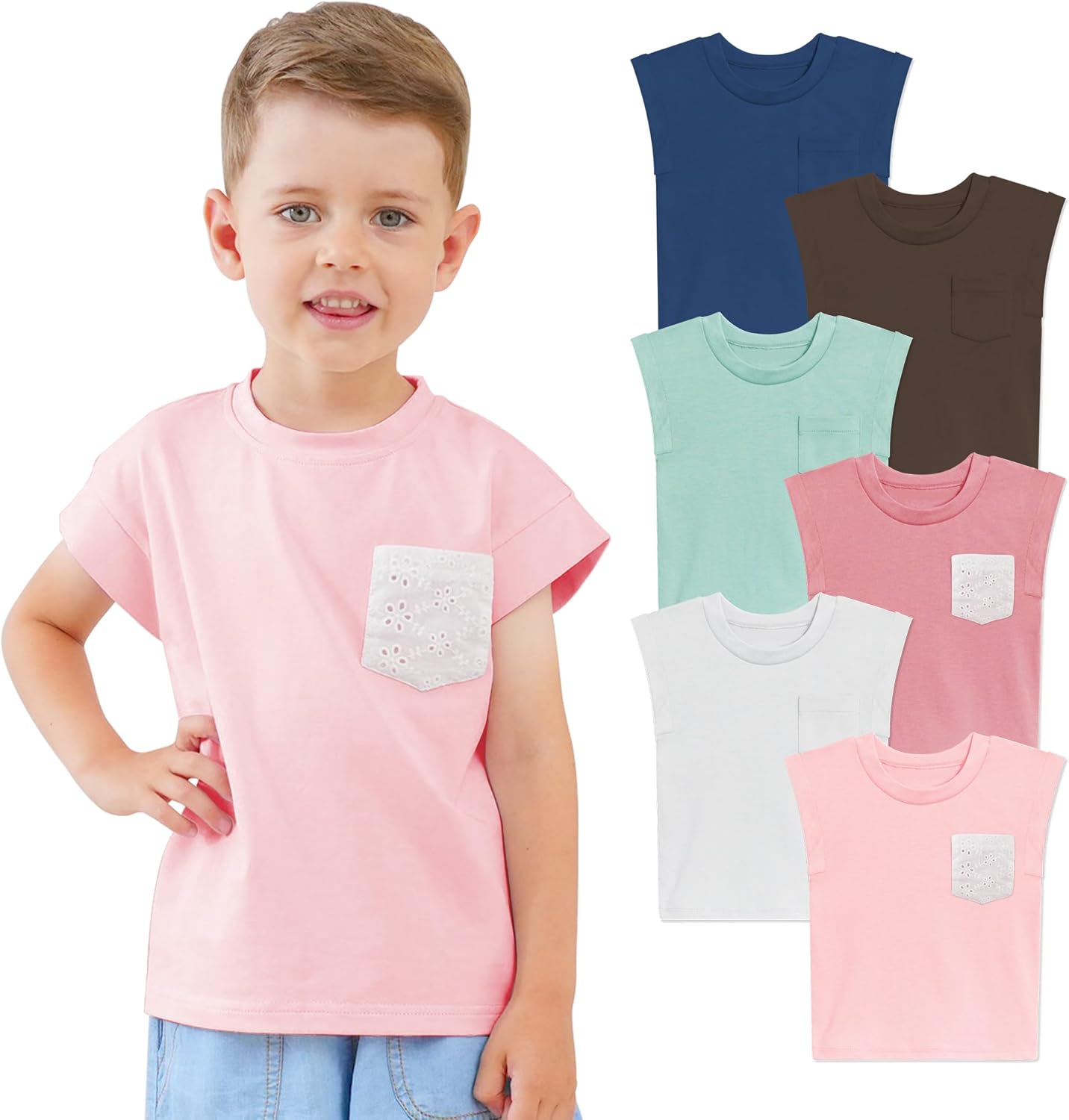 Jimonda Kids Boy Pocket Tank Top Girls Flying Sleeve Casual Solid