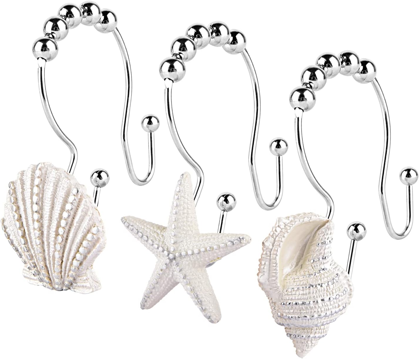 Decorative Shower Curtain Hooks,FINROS 12 Pcs Seashell Double Gli