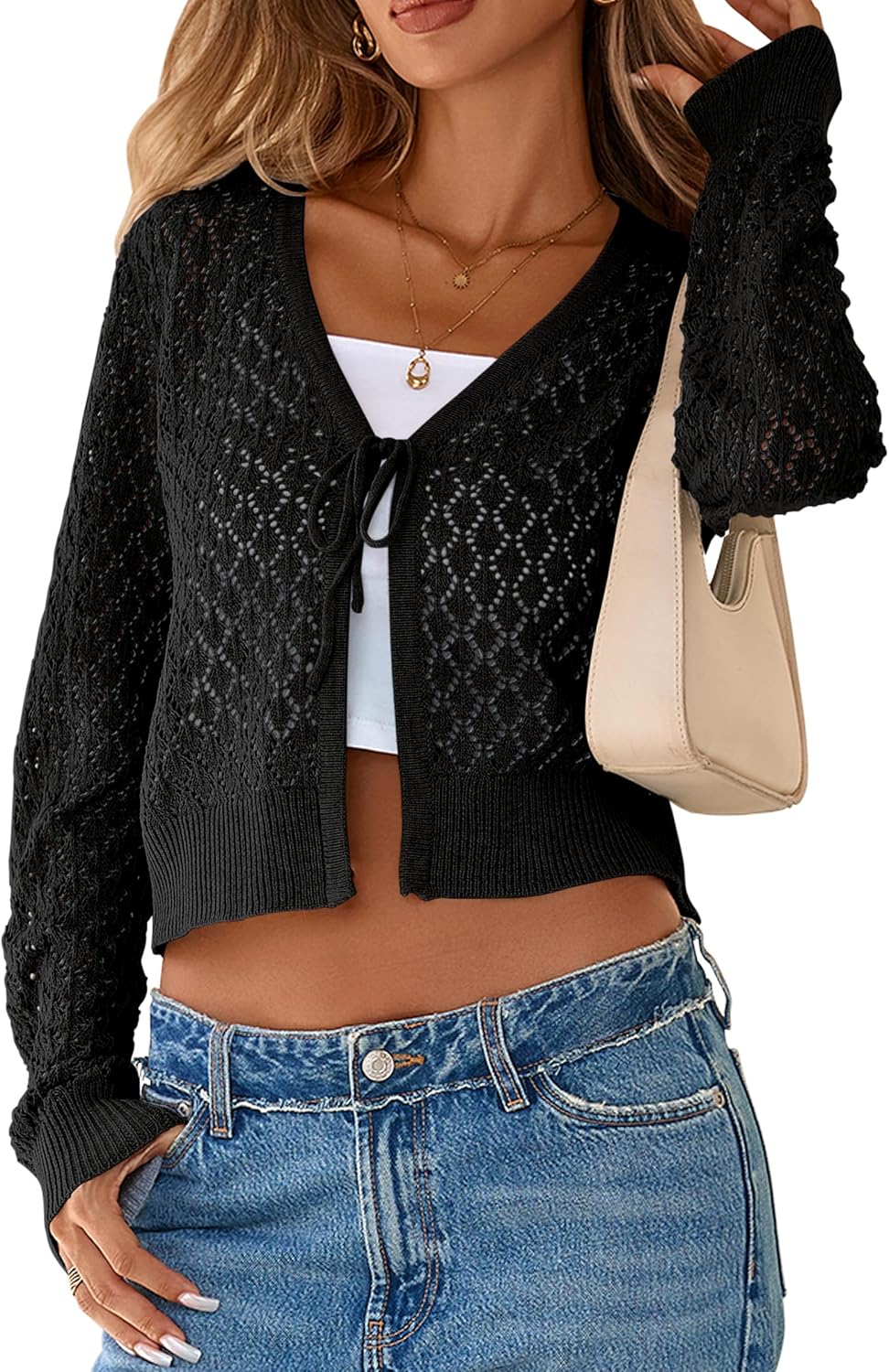 SimpleFun Crop Cardigan for Women Trendy Ties in Front Hollow Out