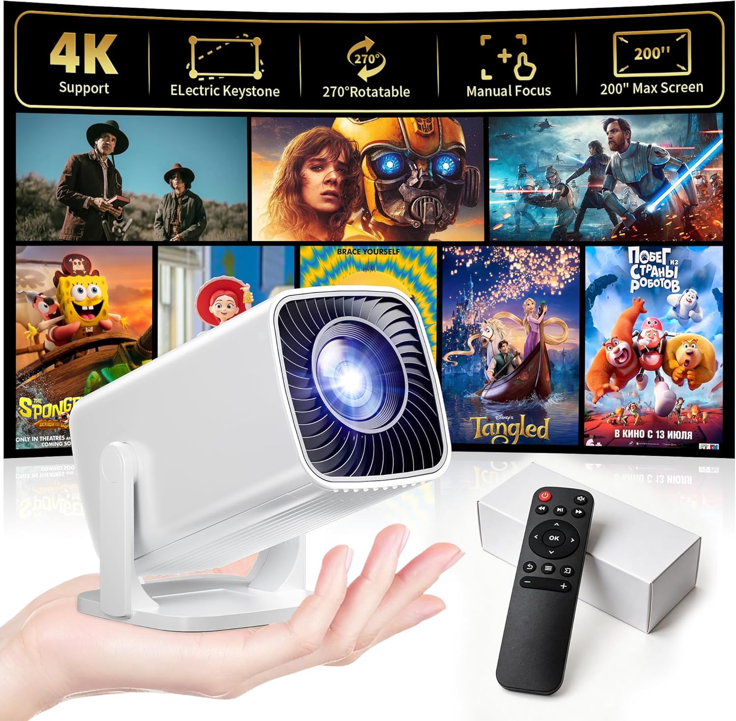 Mini Projector, Portable Projector 4K & Full HD 1080P Support, 27
