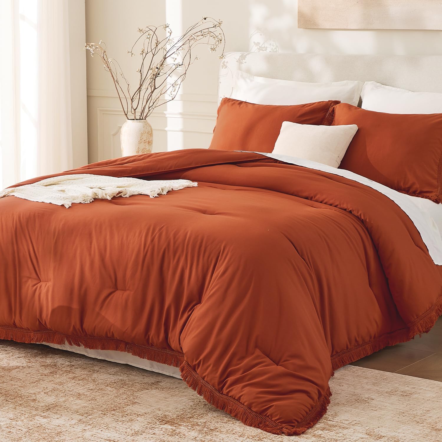 Andency King Size Comforter Set Burnt Orange, 3 Pieces Boho Terra