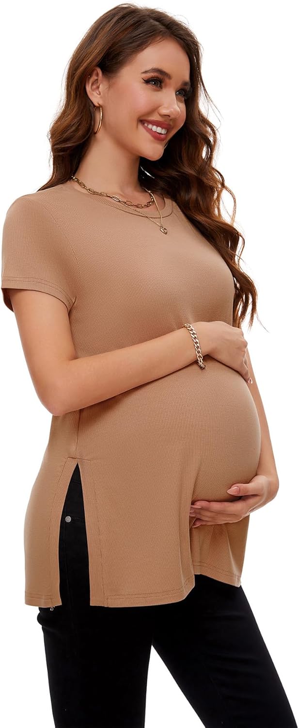 Smallshow Women’s Maternity Shirt Side Split Tops Short Sleeve Pr