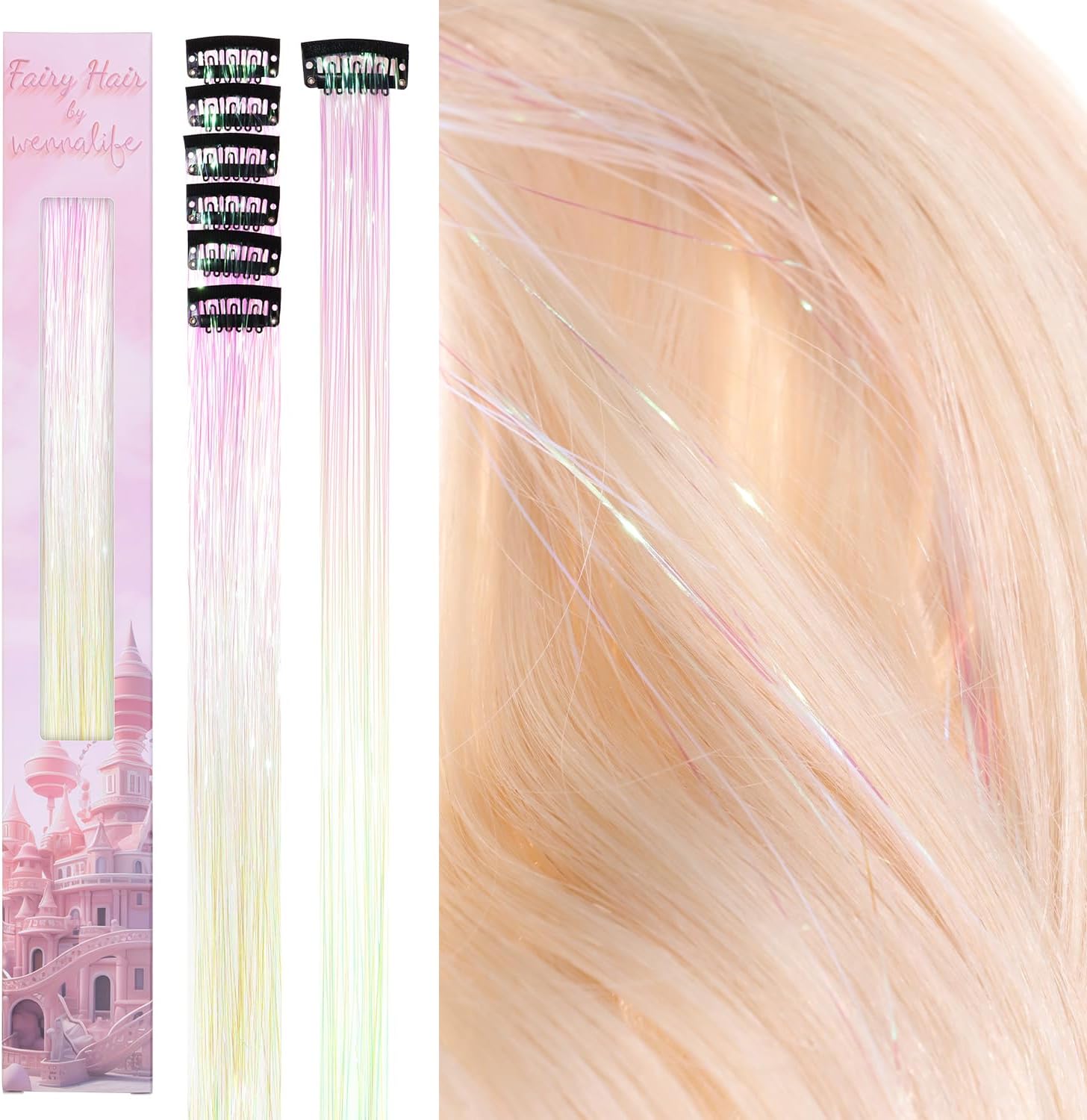 WENNALIFE Hair Tinsel Clip In for Girls Bright White, 6pcs 24 inc