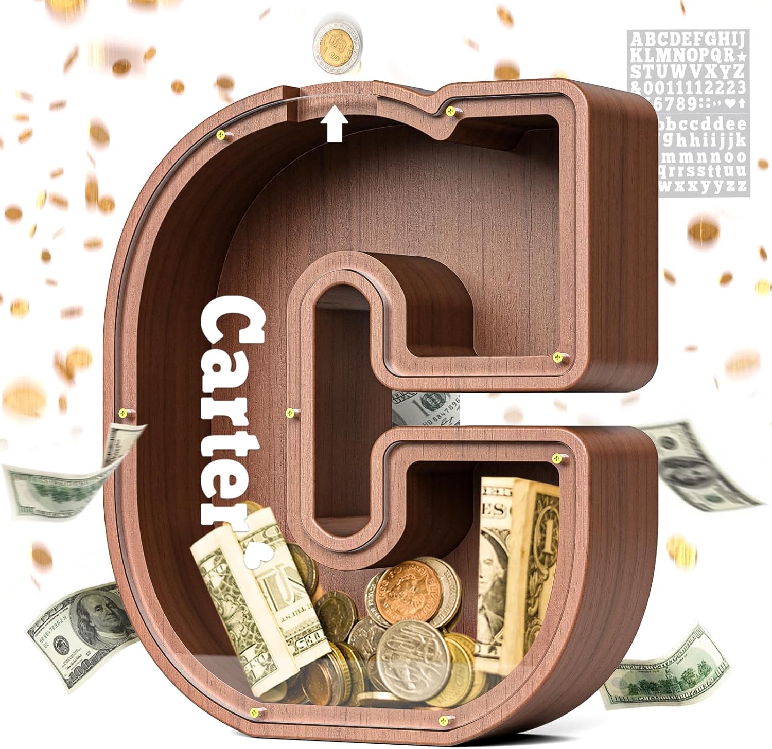 Summidate Wooden Letter Piggy Bank, Extra Thick Large Capacity Pi