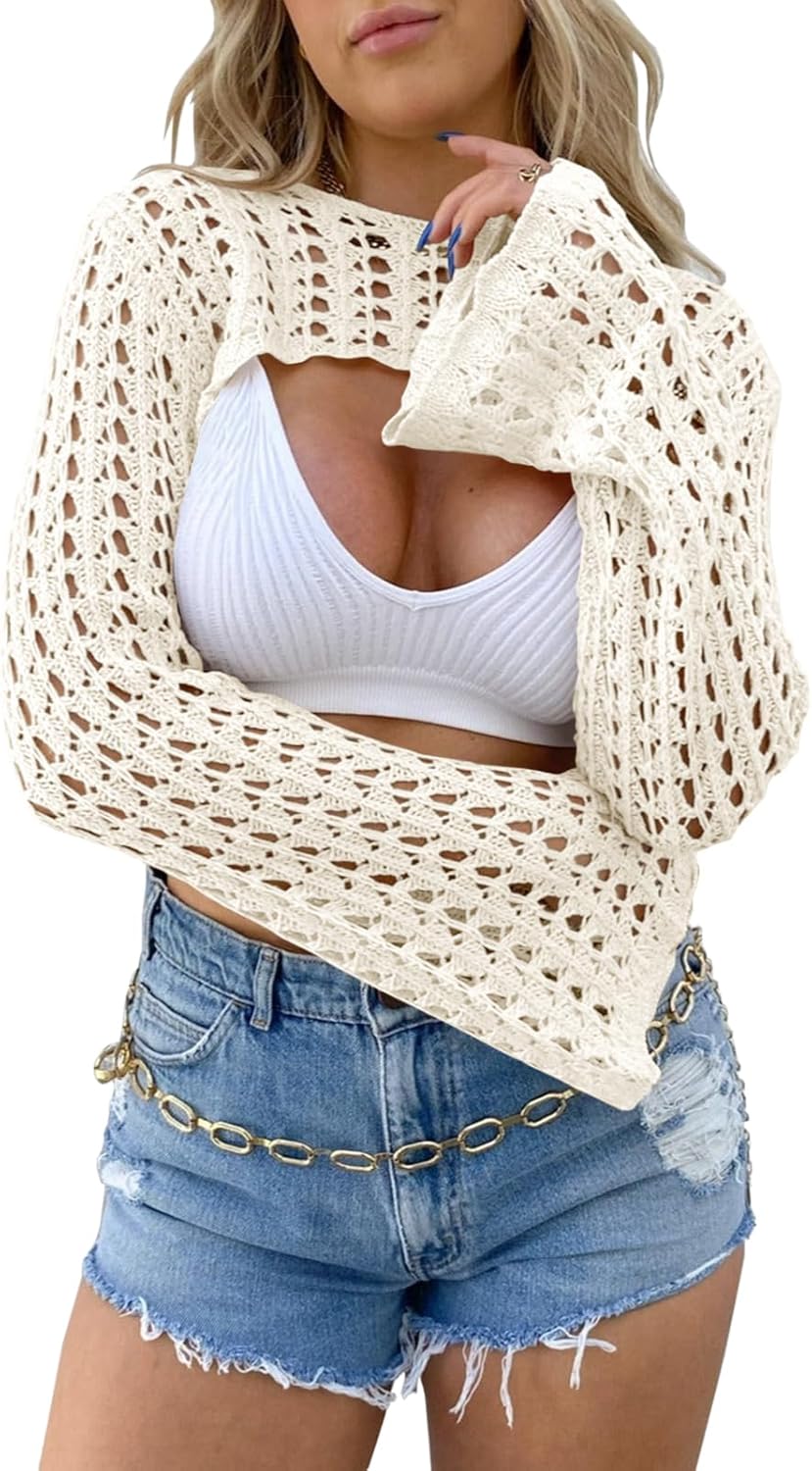 Langwyqu Women's Crochet Crop Tops Y2k Long Sleeve Crewneck  deal at Amazon
