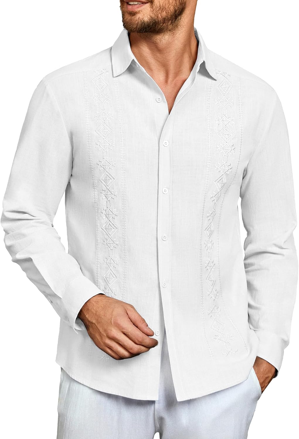 Makkrom Men's Casual Cotton Linen Button Down Shirts Cuban G deal at Amazon