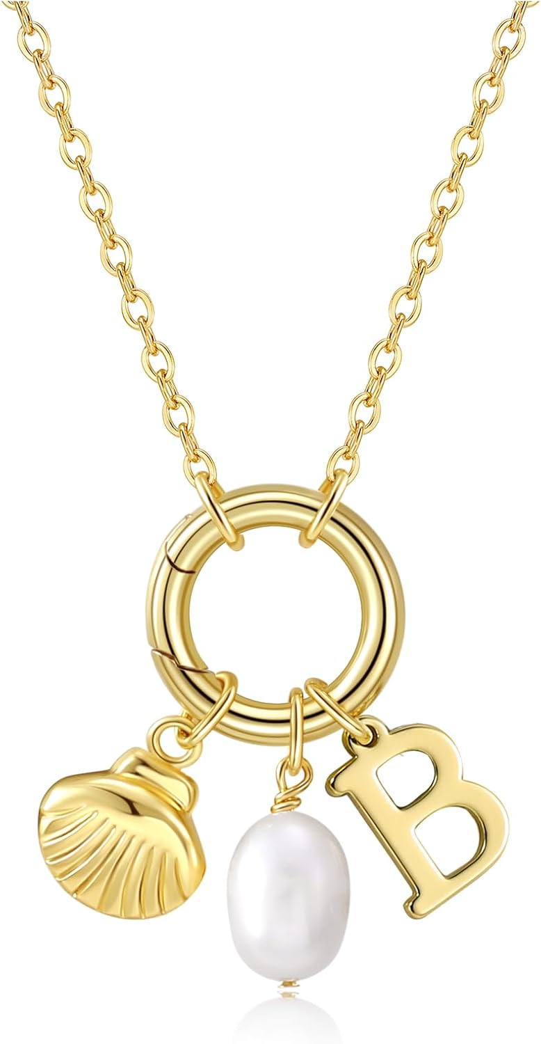 Initial Charm Necklace for Women Shell Necklace Pearl Necklace 14