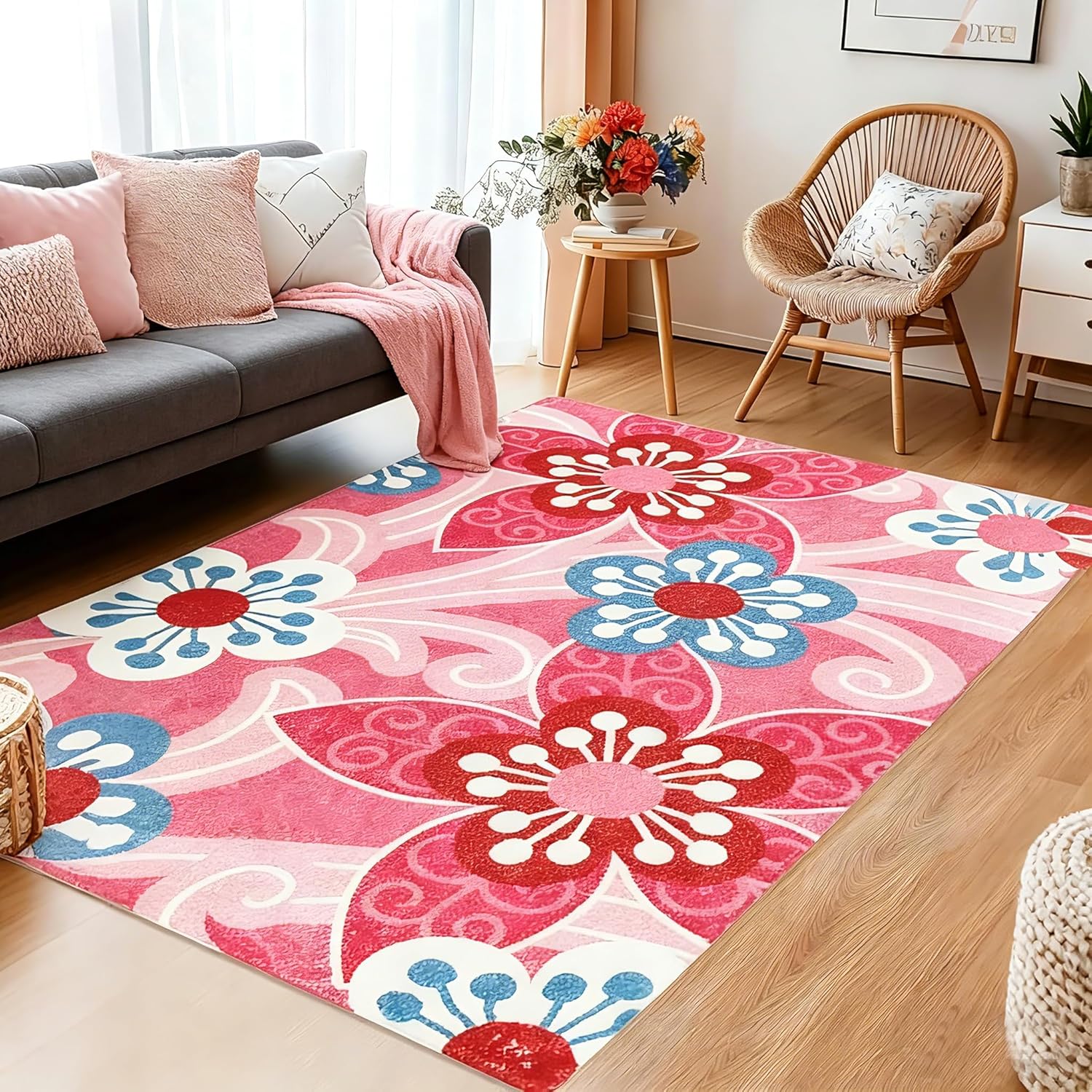 USTIDE Floral Area Rug 5×7 Flower Kids Rug Soft Fluffy Pink Rug f