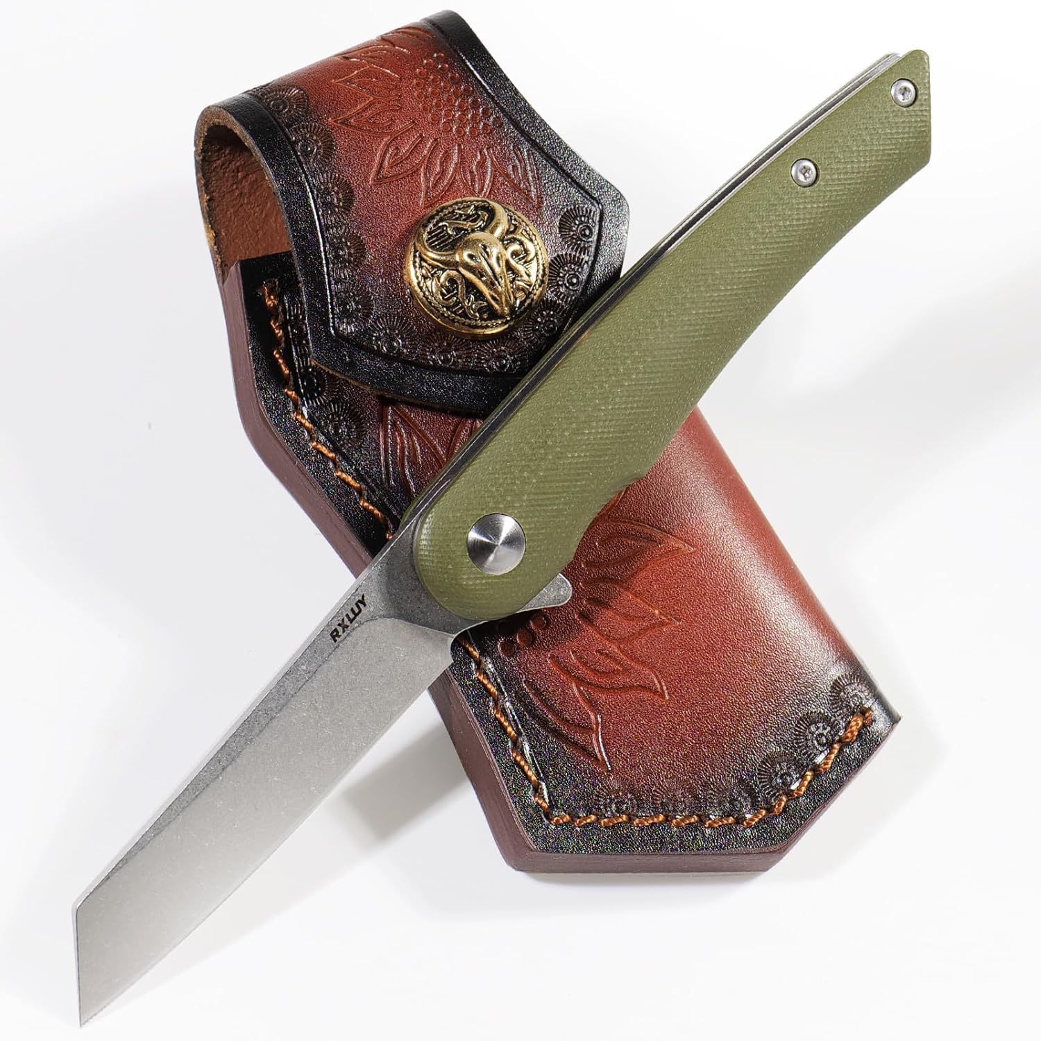 RXLUY Folding Pocket Knife with Leather Sheath, 2.79” 14C28N deal at Amazon