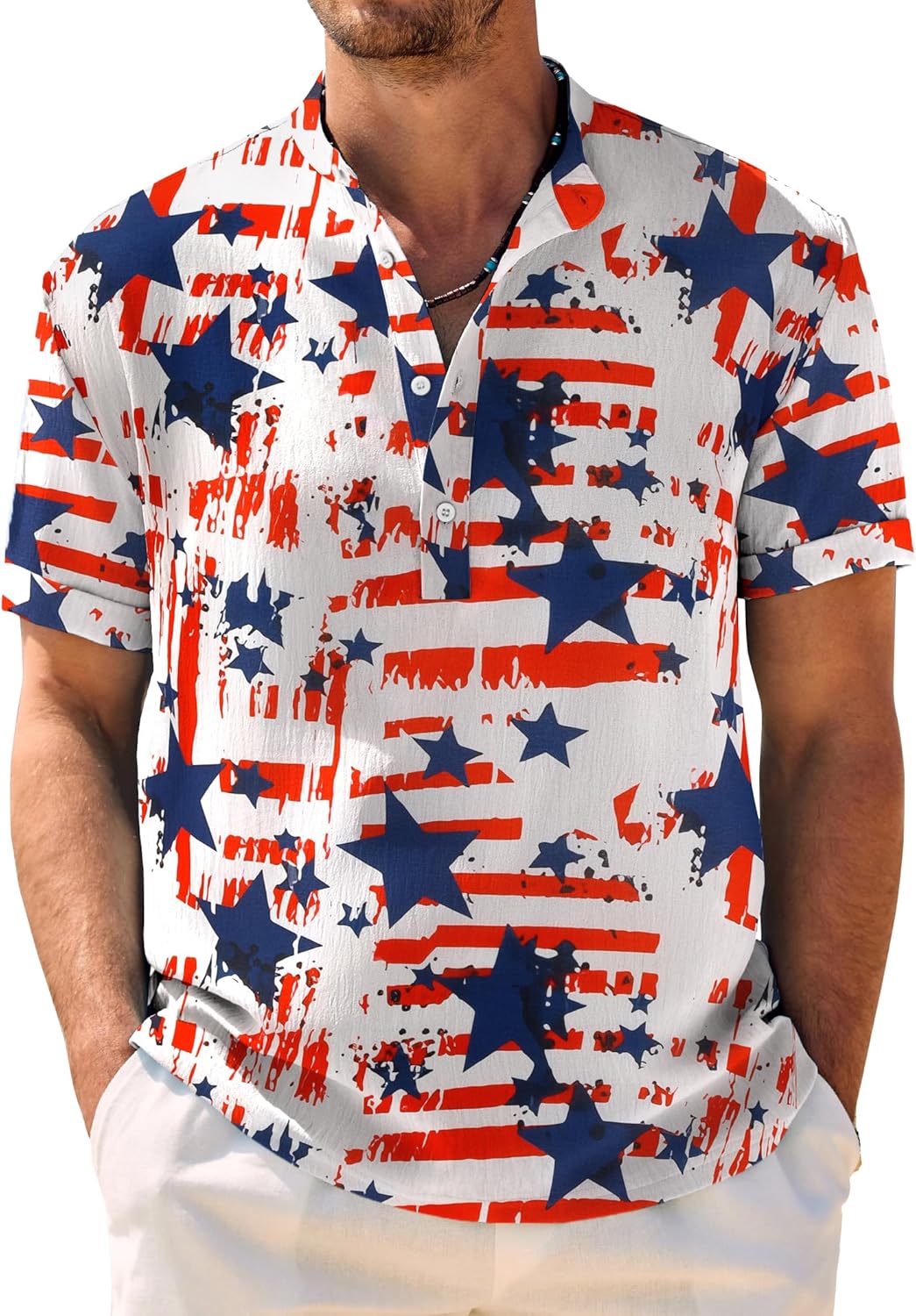 COOFANDY Men USA Patriotic Linen Henley Beach Shirt American deal at Amazon