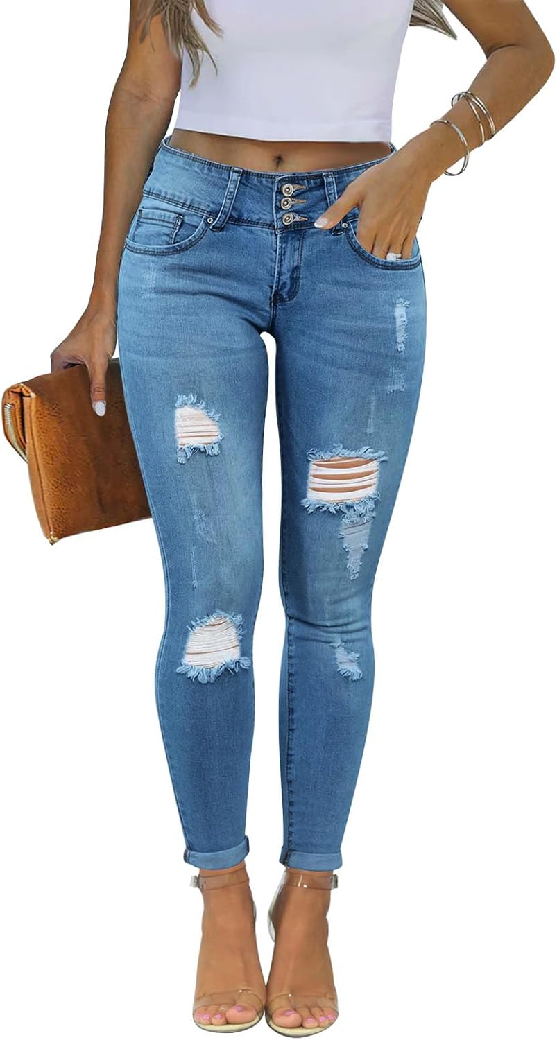 KUNMI Women's Skinny Ripped Trendy Jeans Distressed Stretchy deal at Amazon