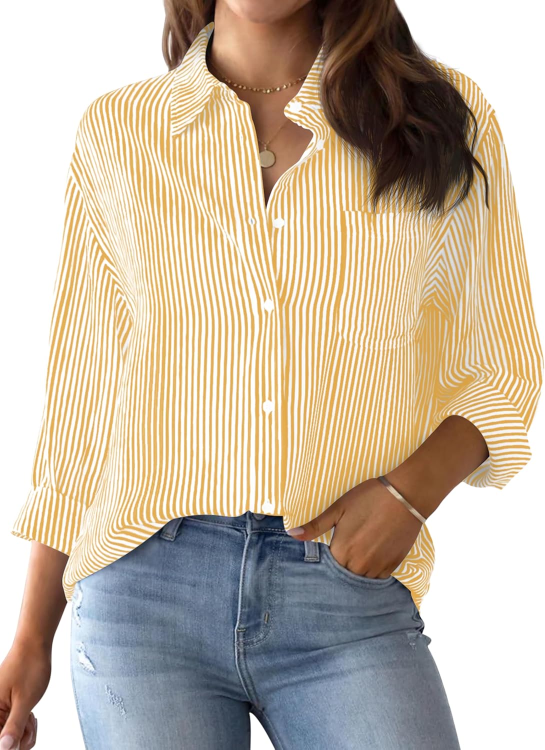 AISEW Womens Button Down Shirts Striped Classic Long Sleeve  deal at Amazon