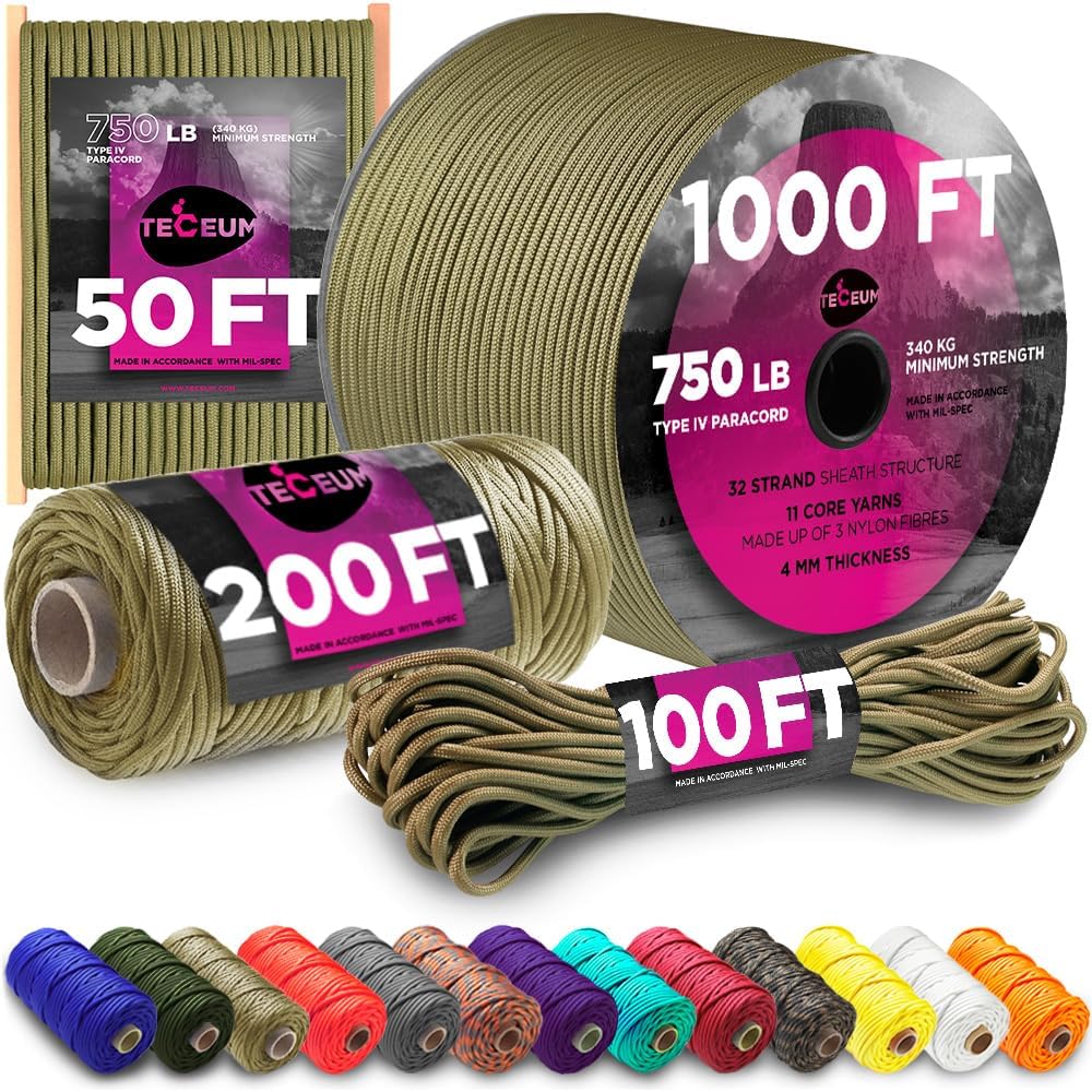 TECEUM Paracord Type IV 750 lb Coyote Brown – 50 ft – 4mm – Nylon