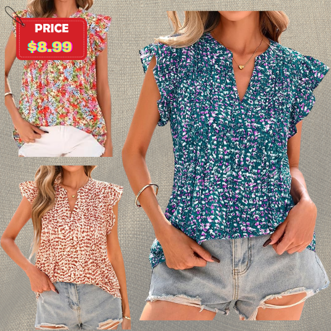 Ruffle Sleeve V-Neck Floral Blouses