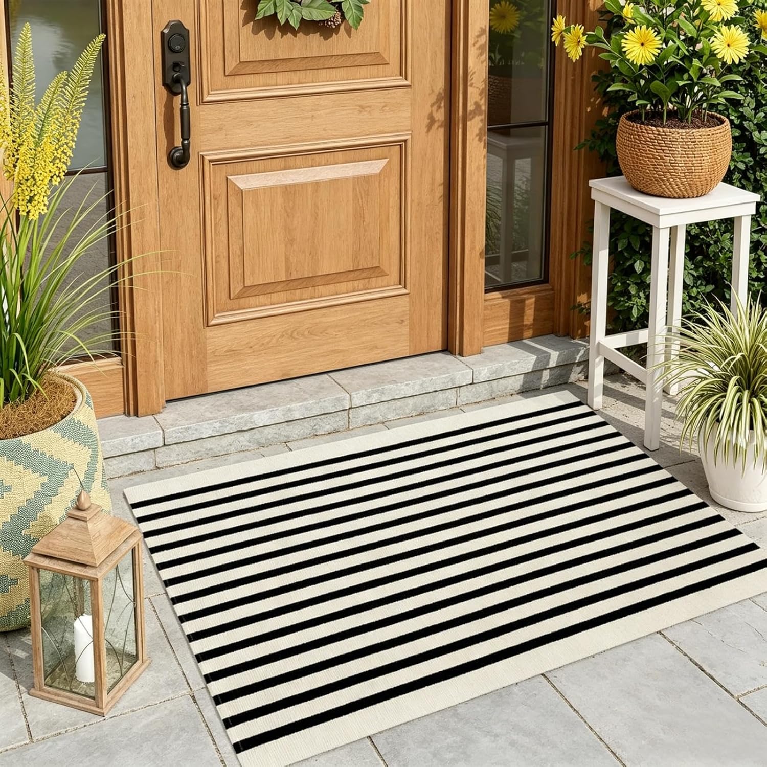 USTIDE Black and White Striped Front Door Rug 35.4” x 59” Washa