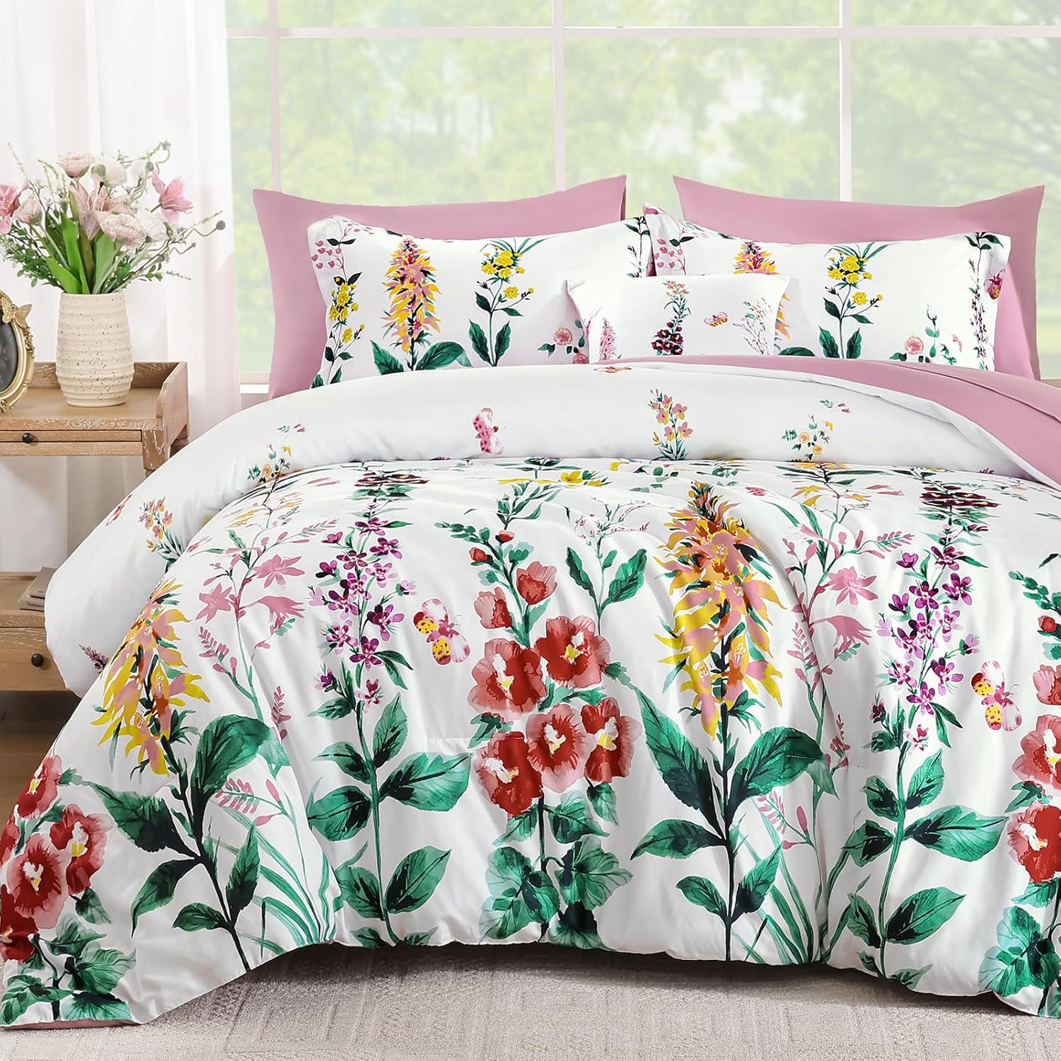 WONGS BEDDING Pink Comforter Set Queen Size, 8 Piece Bed in a Bag