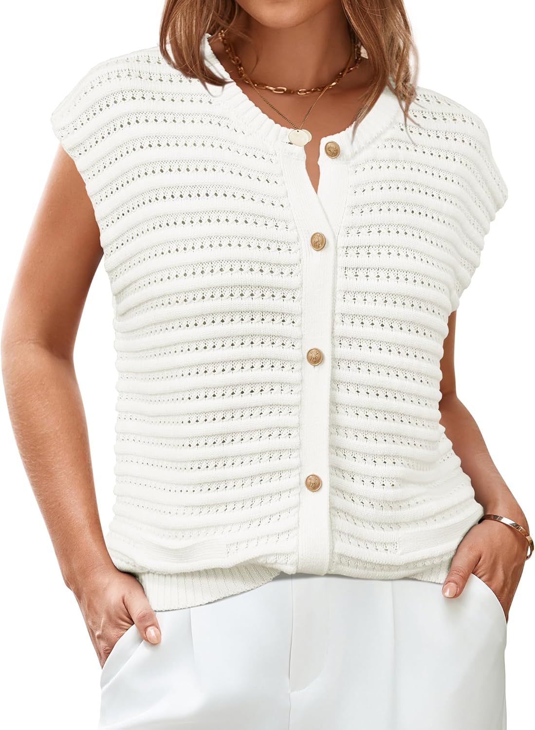 Arach&Cloz Womens Sweater Vest 2025 Summer White Vest Button Down