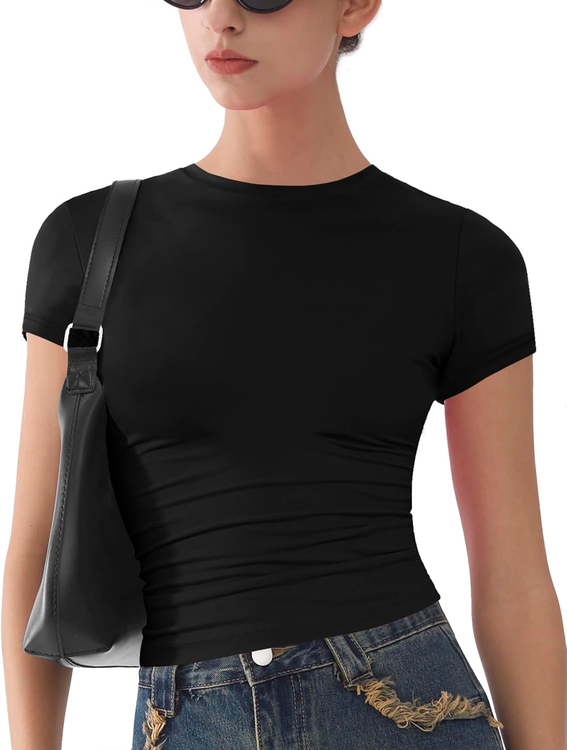 Womens Basic Short Sleeve Slim Fit T Shirts Soft Crewneck Crop Y2