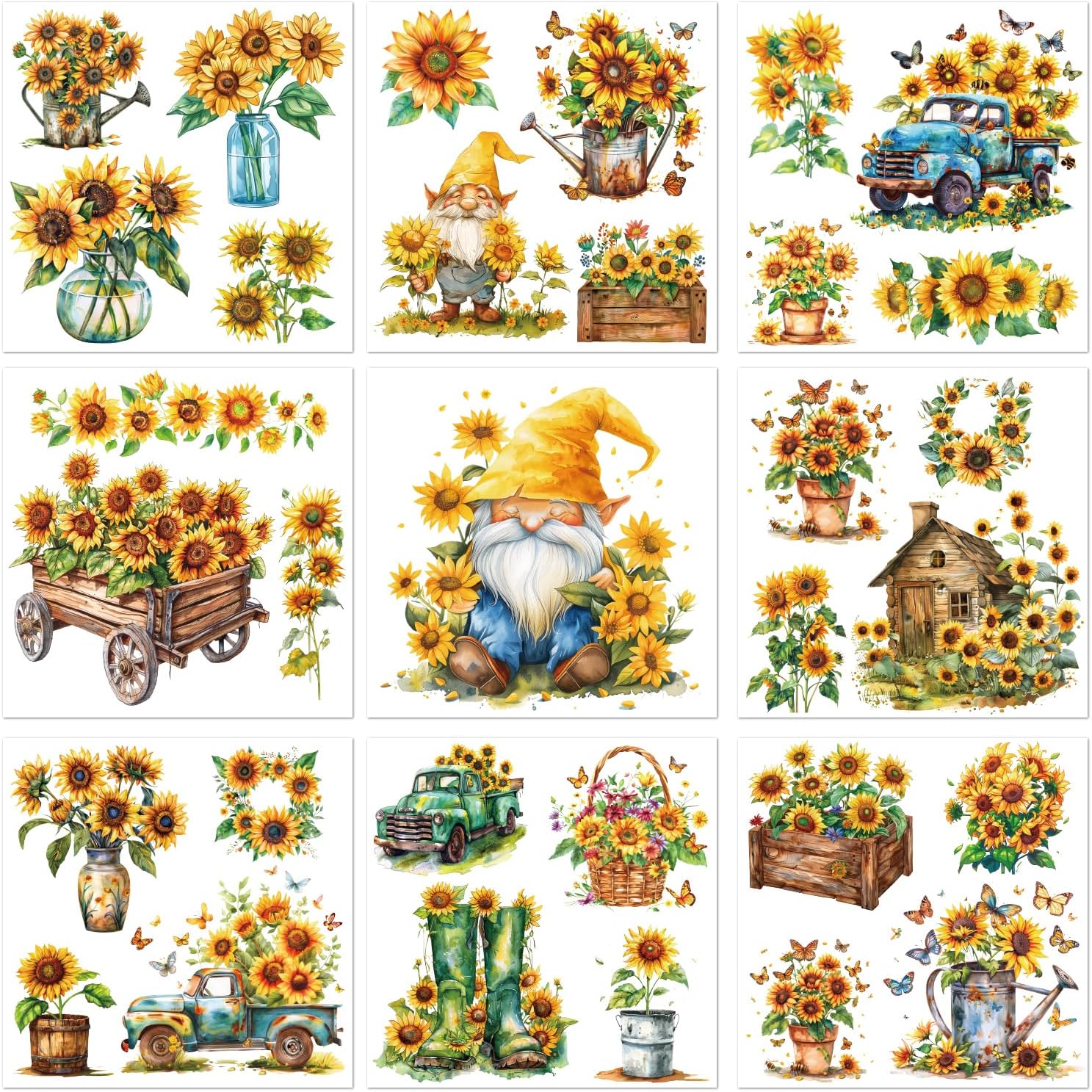 9 Sheets Sunflower Rub on Transfer for Crafts and Furniture Flowe