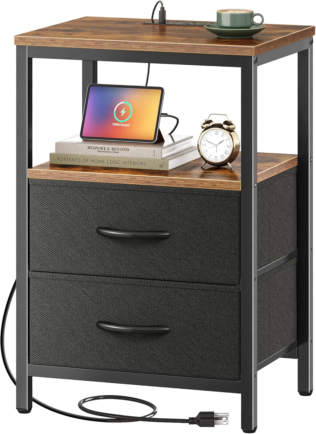 Huuger Nightstand with Charging Station, Side Table with Fabric D