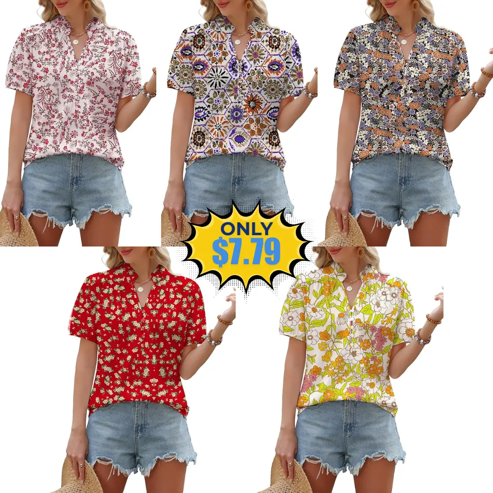 Womens Boho Puff Short Sleeve Tops