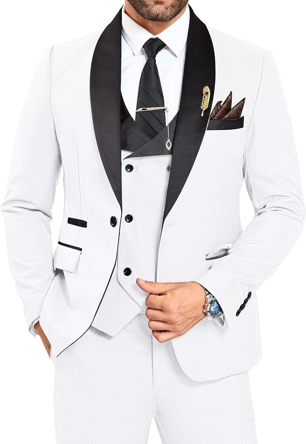 White Tuxedo for Men 3 Piece Classic Fit Wedding Suits for Prom D
