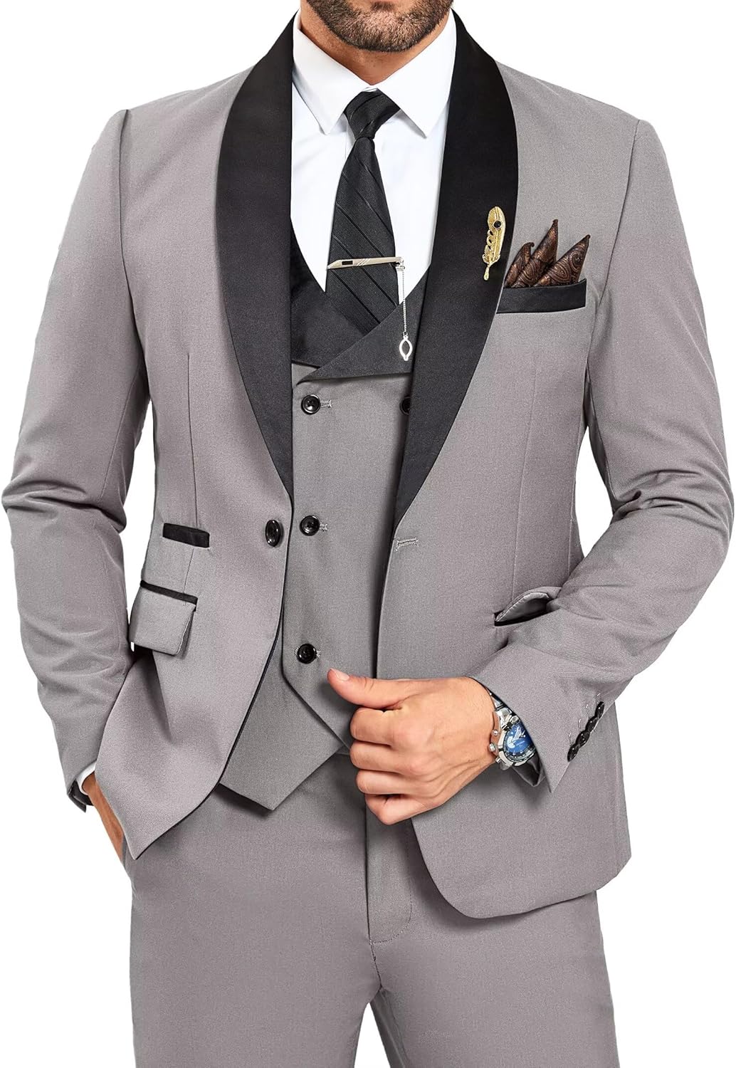 3 Piece Grey Tuxedo for Men Prom Dinner Suits One Button Double B