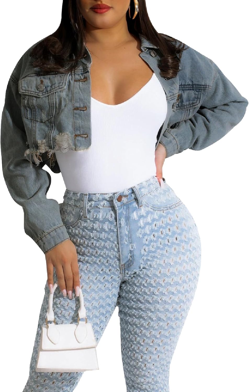Cropped Denim Jackets for Women Long Sleeve Ripped Destroyed Wash