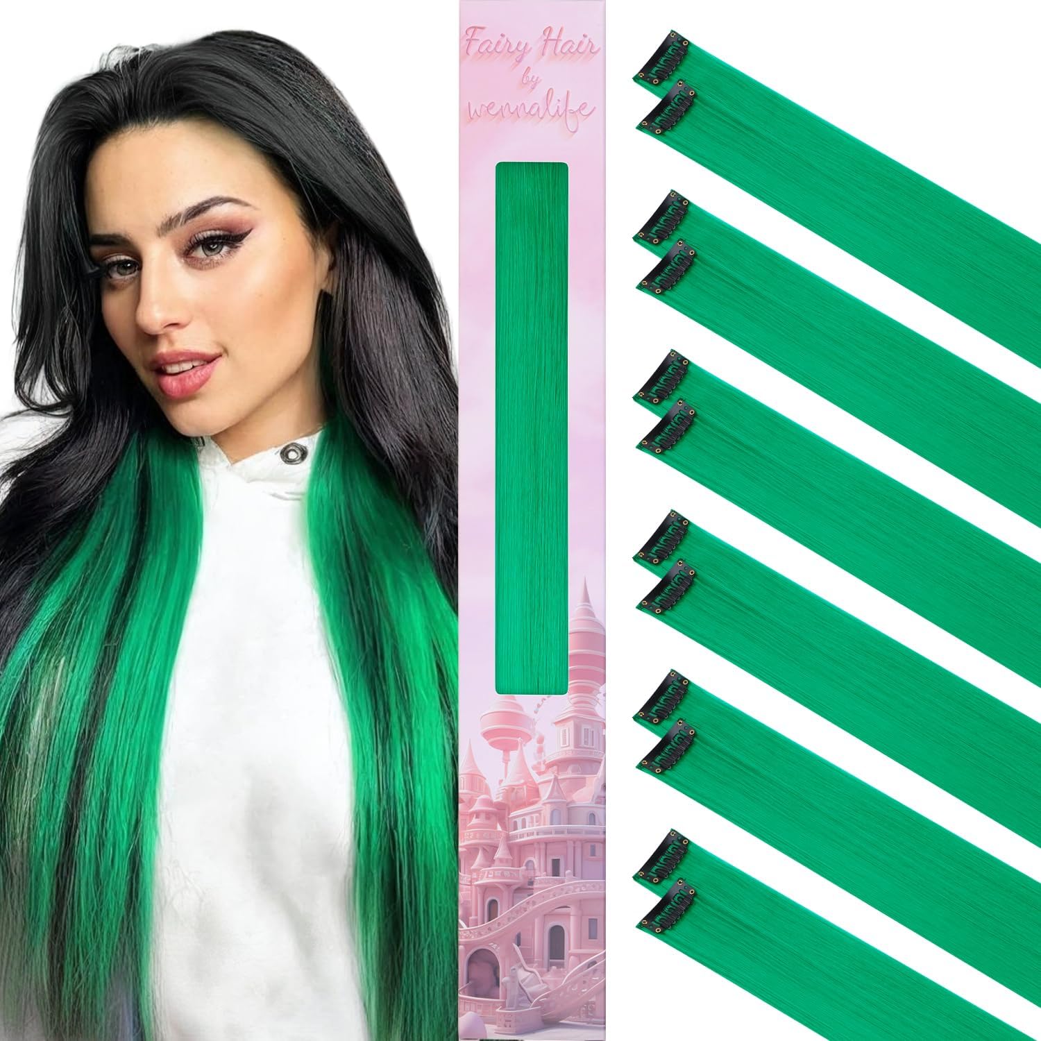WENNALIFE 12 PCS Green Hair Extensions Clip in, Colored Clip in H