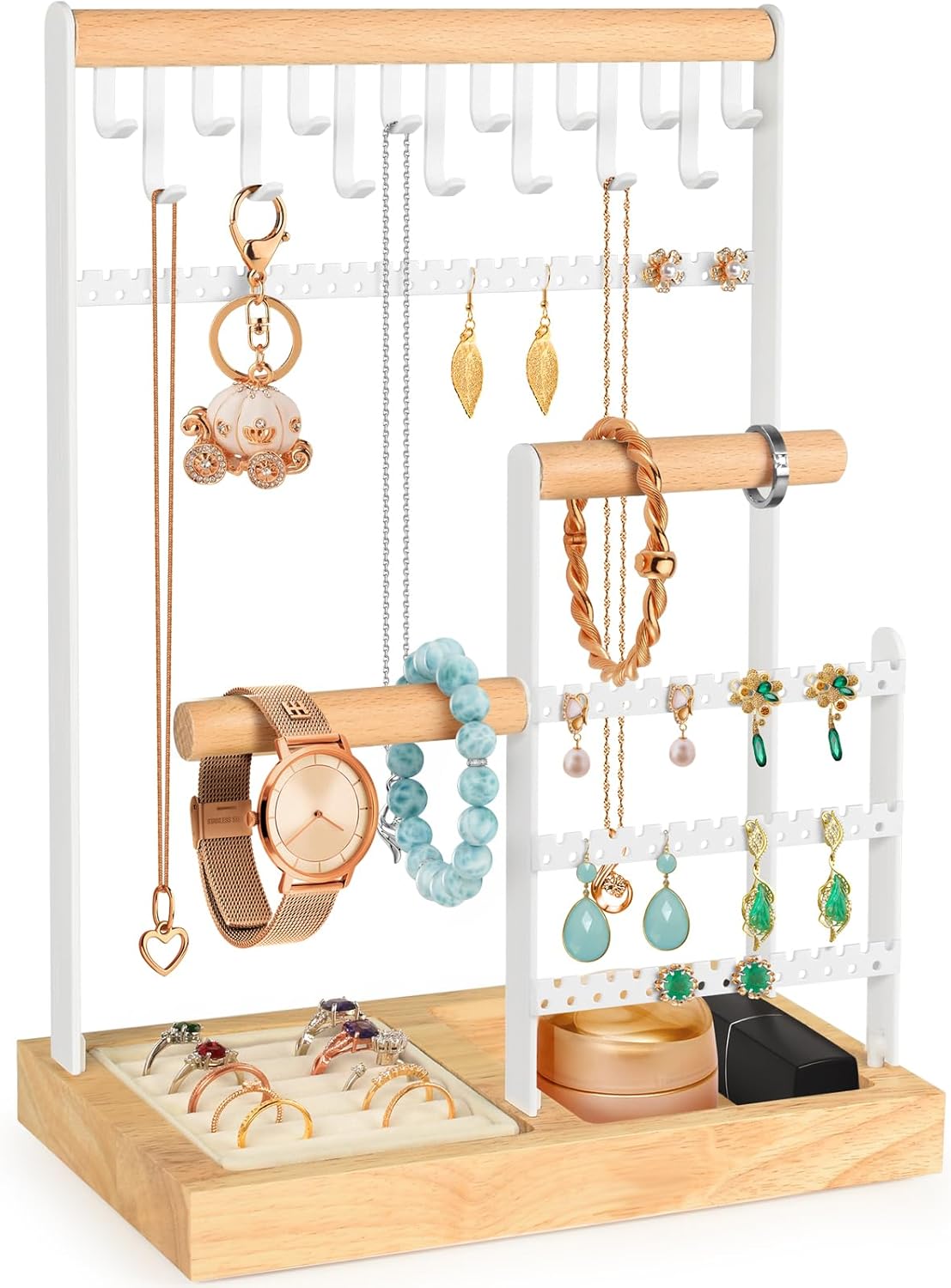 PAMANO Jewelry Organizer with Ring Tray, 15 Hooks Hanging Necklac