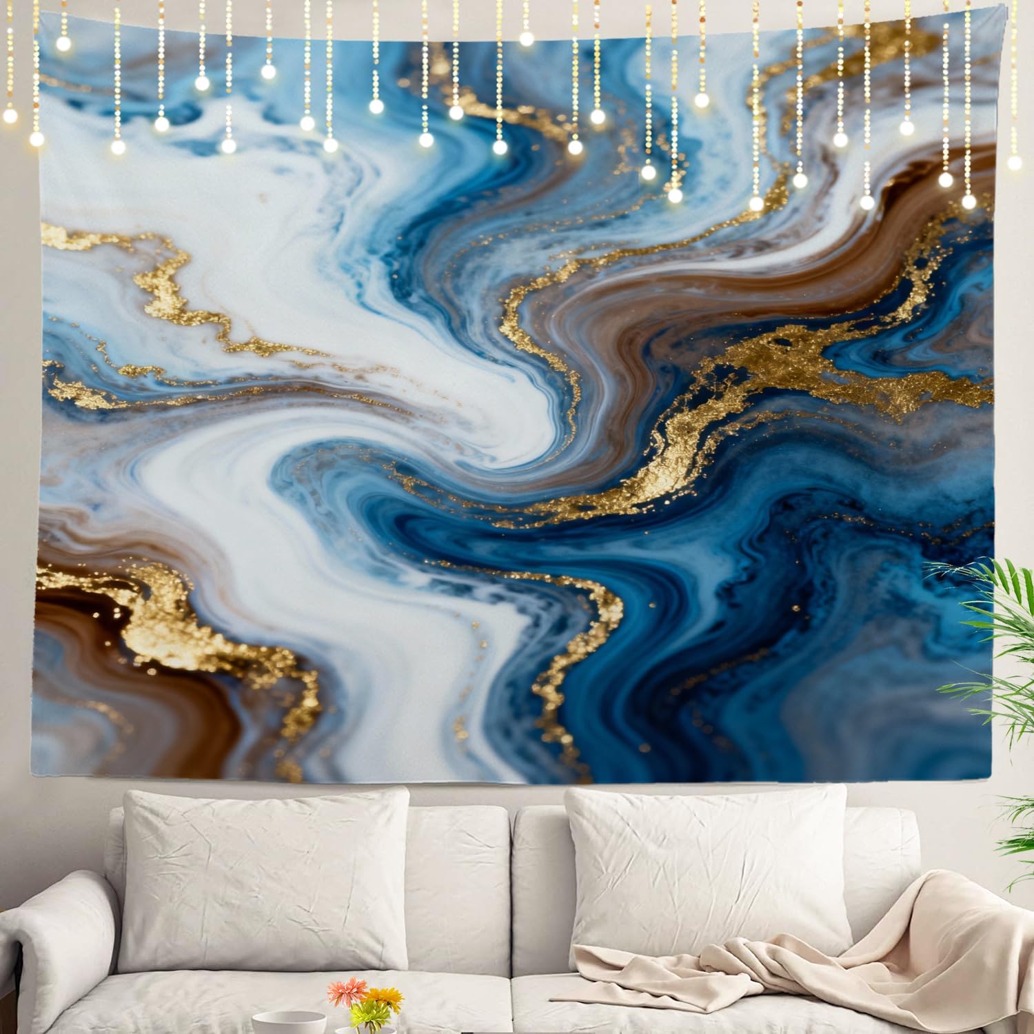 Shrahala Marble Wall Hanging, Green Gold Abstract Golden and Turq